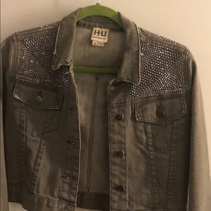 Haute Hippie grey crop jean jacket with stones